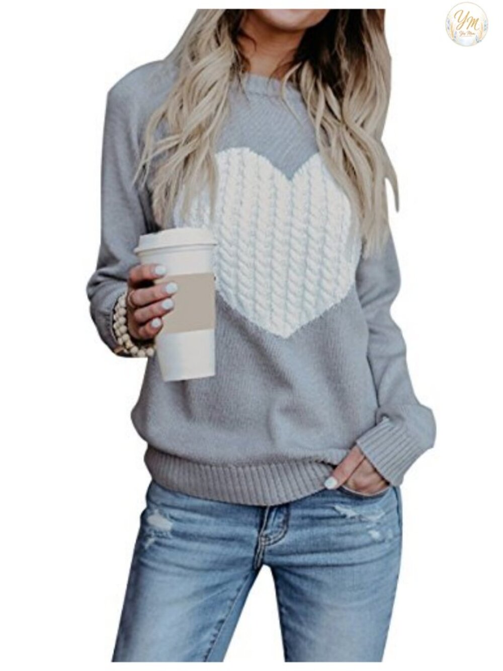 100% Acrylic Heart Sweater Crewneck Long Sleeve Pullover for Women